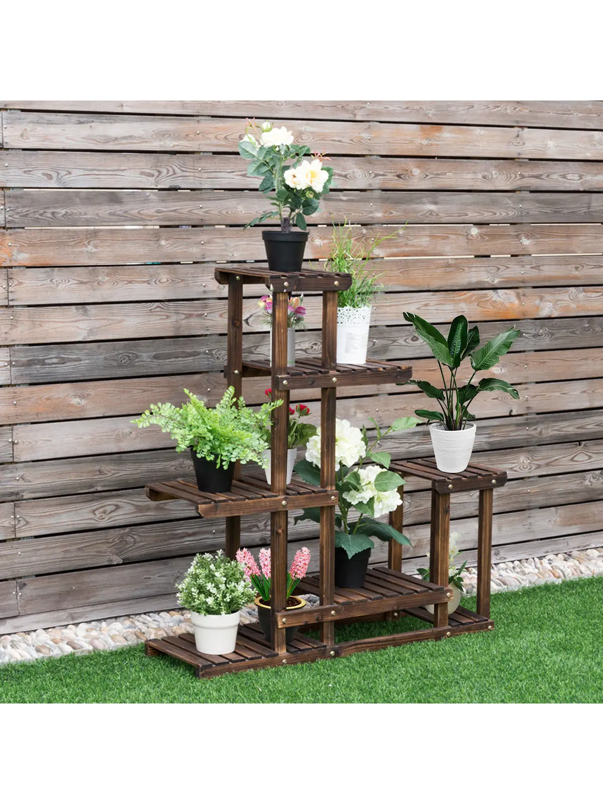 Outdoor Wooden Plant Flower Display Stand 6 Wood Shelf Storage Rack Garden flower pot stand