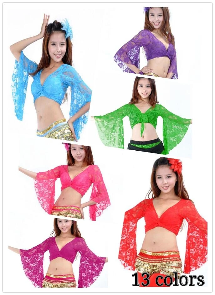 

Belly Dance Clothes Tops Women Sexy Lace Top Front Cross Crop Halter Deep V Neck soft fabric Flare Sleeve Top 13 Colors