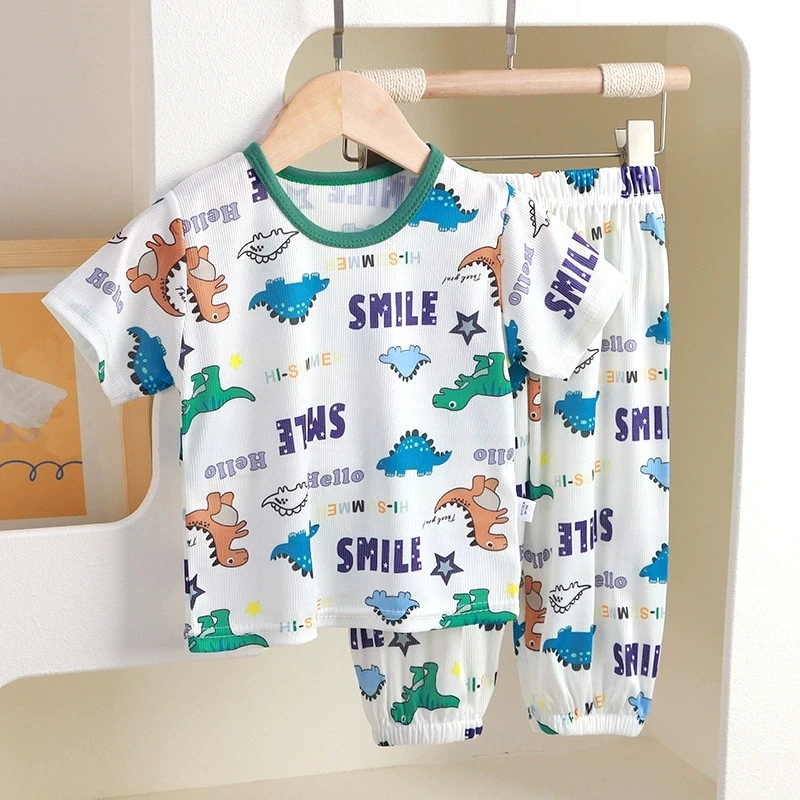 Kids Cartoon Print Pajama Sets, Toddler Boys Girls Short Sleeve Sleepwear, Children's Cute Bear/Strawberry Homewear Outfits
