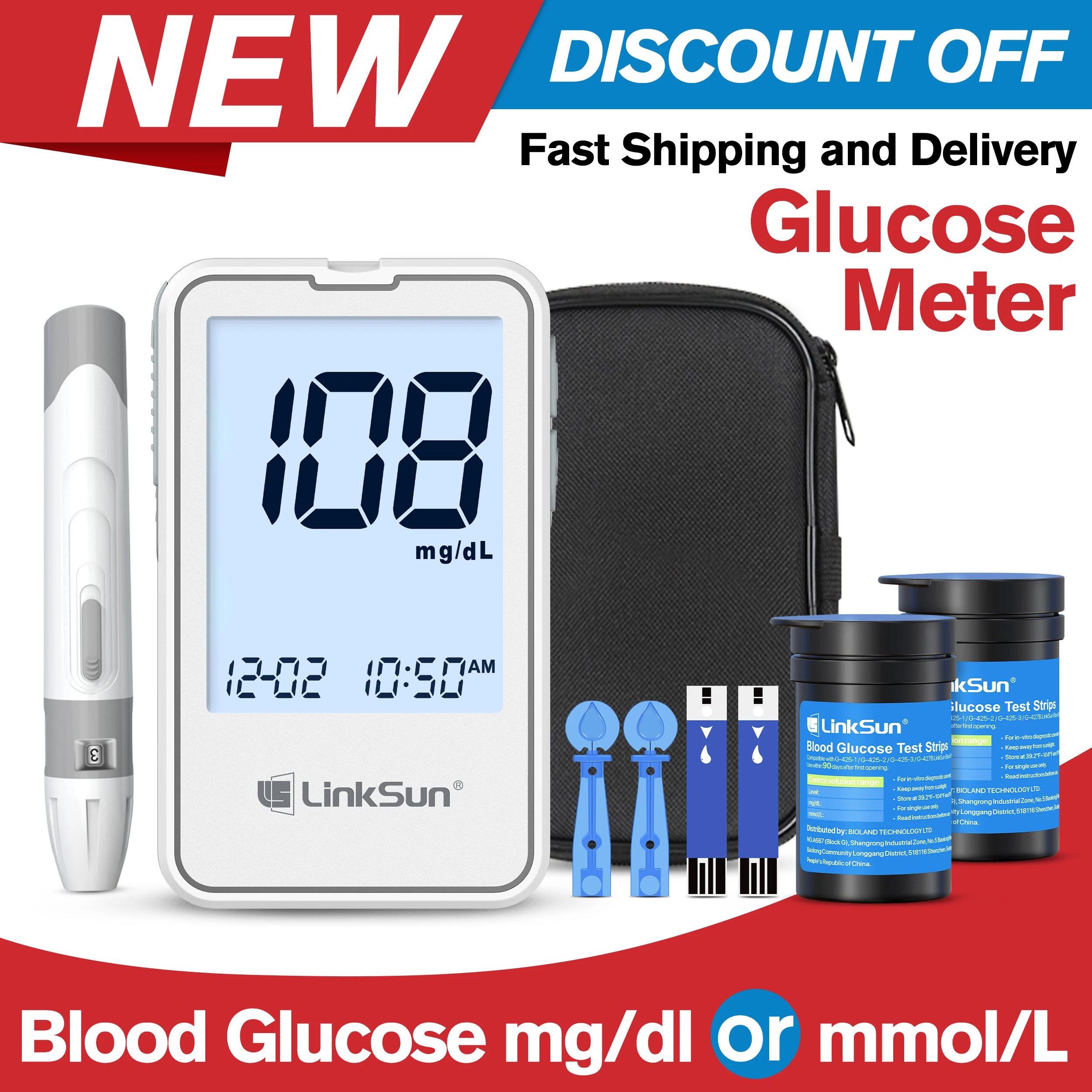 LinkSun Blood Glucose G-425-2 test strips replacement Meter Glucometer Diabetes Medical Lancets digital glucometer complete suit
