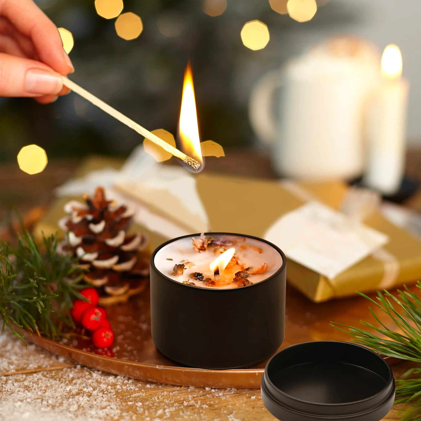 24 Pack 8oz 4oz Metal Candle Tins with Wood Grain Lids for DIY Crafts Storage and Gifts