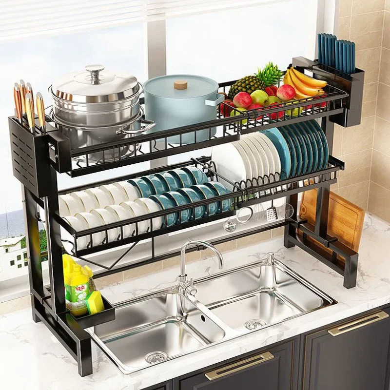 Kitchen Multifunctional Storage Shelf Above The Sink Stretchable Bowl Draining Rack Dish Knife Spoon Sink Rack Set Organizer 6