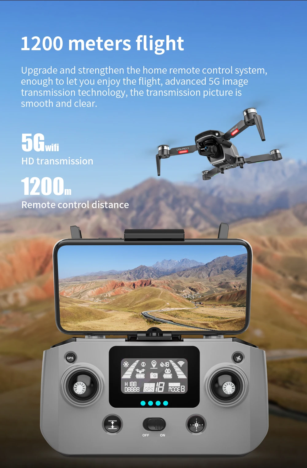 L106 Pro 3 Drone, 5G image transmission technology, the transmission picture is smooth and clear . 1200 meters flight