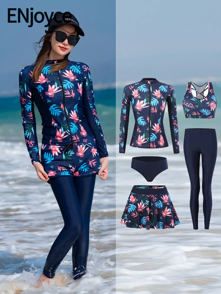 

Women Long Sleeve Rash Guard Print Five Pieces Swimsuit Zipper Swimwear with skirt Bathing Suits Surfing Suits Pad Long Pants