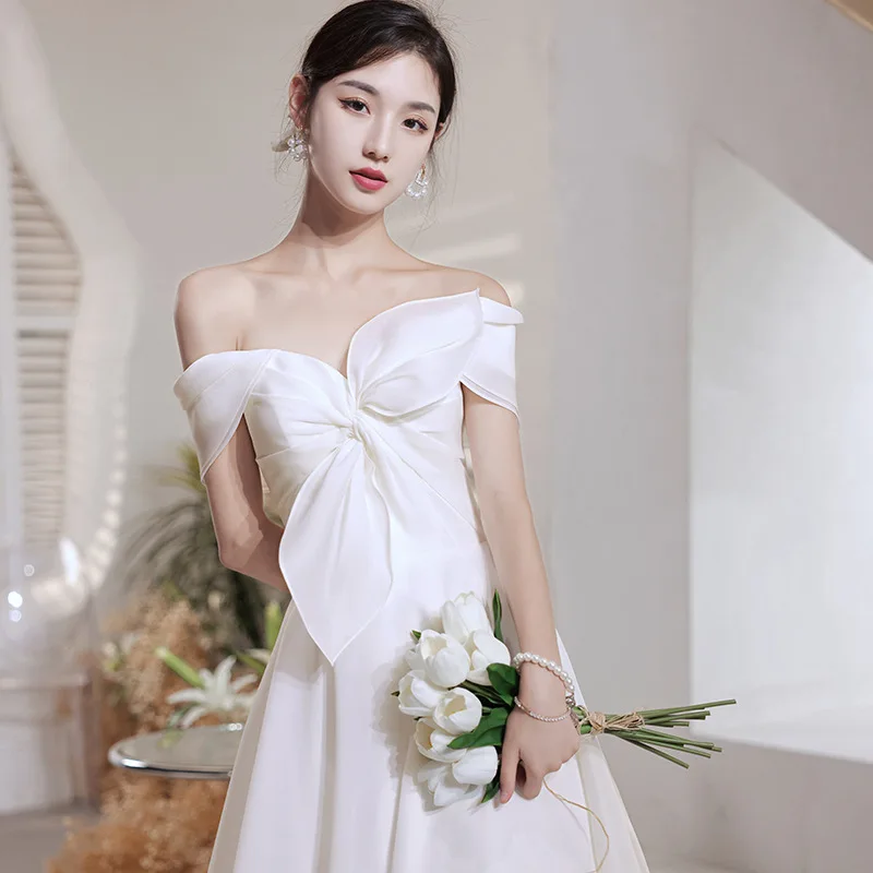 

New Wedding Dress Simple Sexy Off Shoulder with Big Bow A line Satin Bride Dress Classic robe de soirée de mariage Vestido Novia