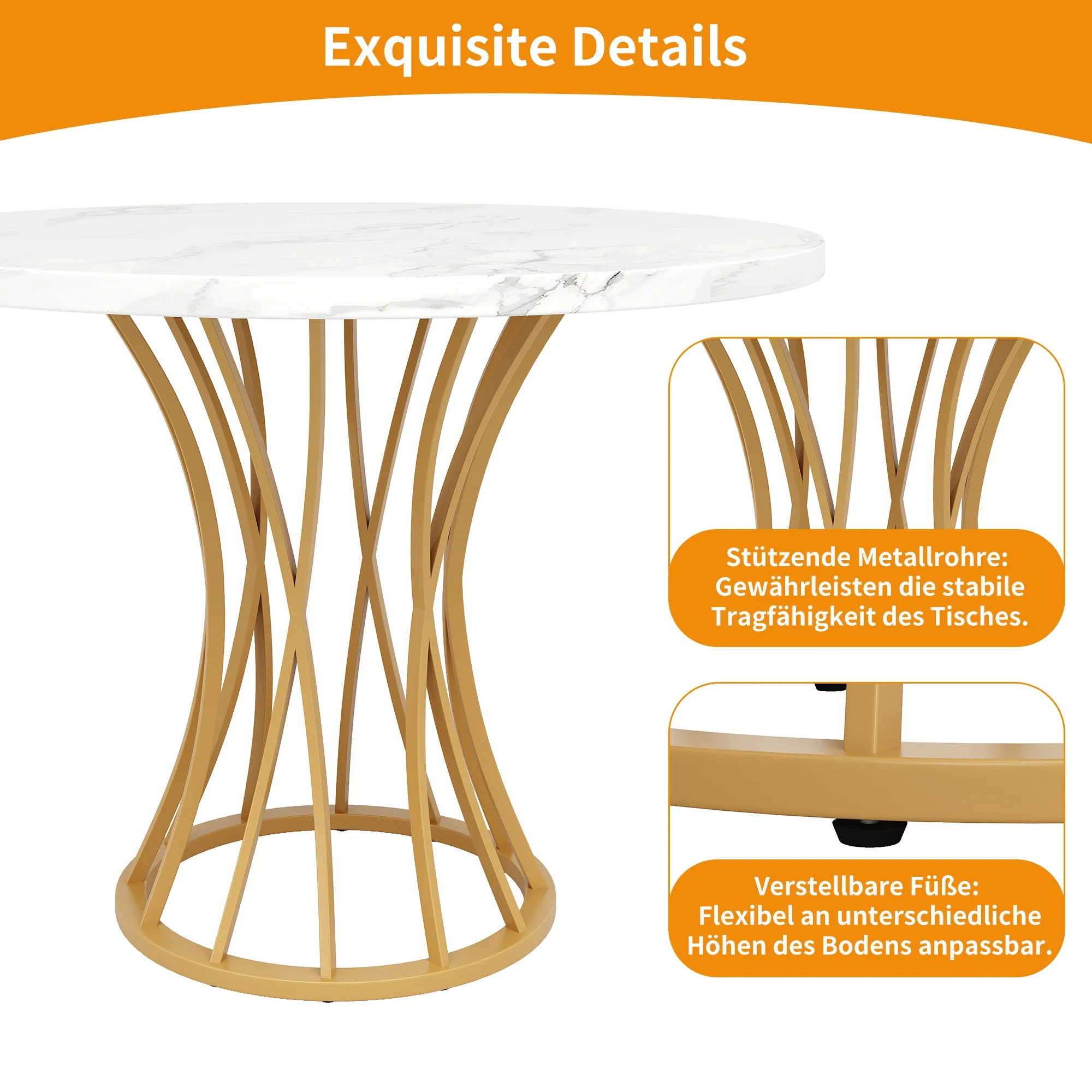 80 x 80 x 76 cm runder Esstisch, goldene Beine, luxuriöser runder Tisch für 4–6 Personen, für Esszimmer, Marmor-Arbeitsplatte aus MDF – Detail 2
