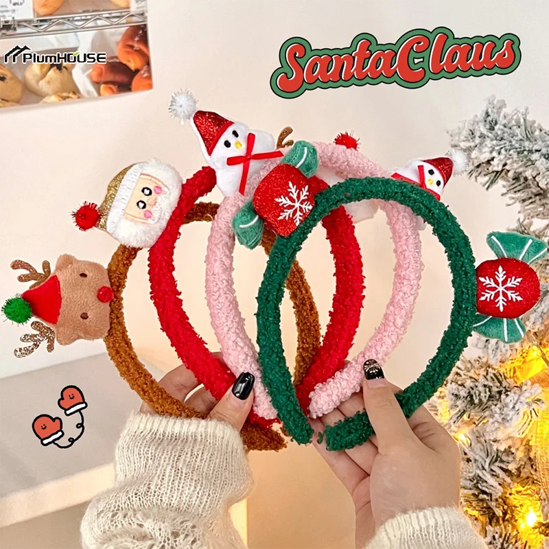 Kawaii Christmas Plush Headband Cute Cartoon Santa Claus Antler Snowman Hair Hoops Christmas Party Hair Accessories Xmas Gifts