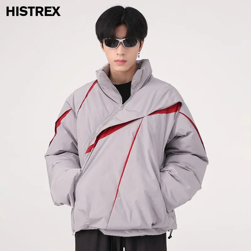 Men Winter Korean Parkas Jackets,Fashion Loose Personality Pleated Color Outerwear,Fashion Designer Cotton Jacket Contrast Tops