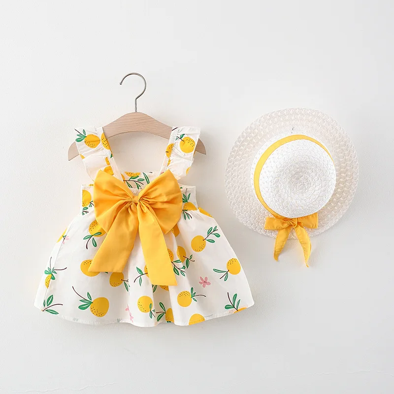 Girls Dress 2Pcs/Set Summer Children Small Suspender Bow Orange Print Vest Skirt With Hat Gift