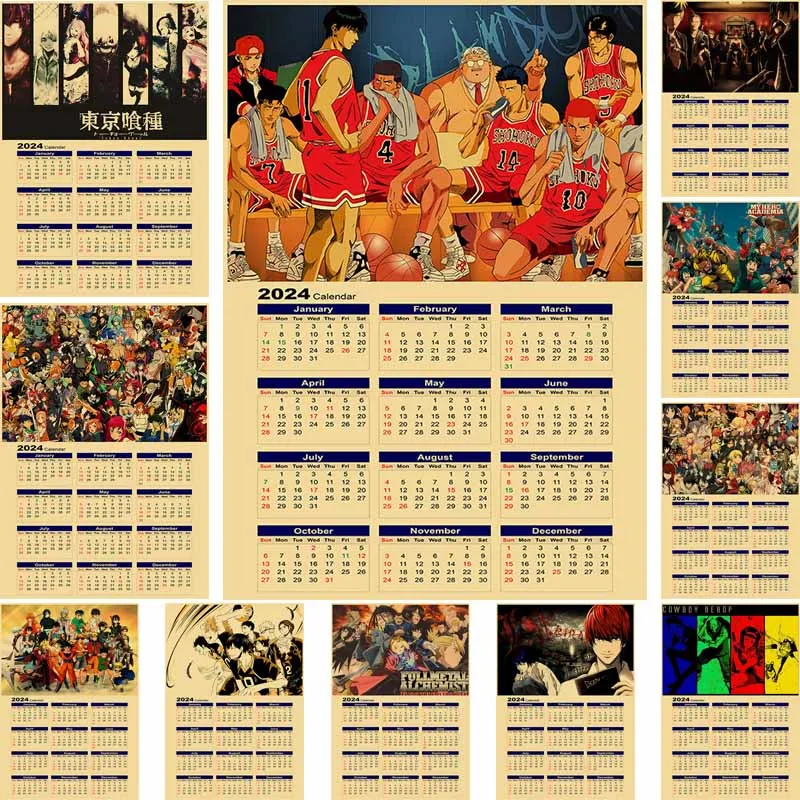 

Classic Anime Series 2024 Calendar Poster Mural Retro Kraft Paper My Hero Academia Tokyo Ghoul Prints Painting Room Decoration