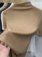 Threaded Short Sleeves Women T-shirts Summer New 2025 Turtleneck Solid Slim Elastic Long-sleeved Female Buttoming Pulls Top Tees