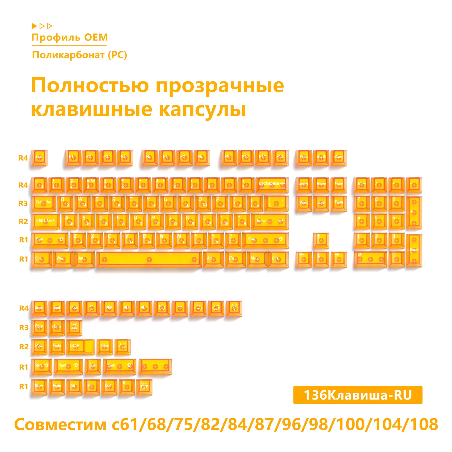 Multilingual Transparent Mechanical Keyboard Keycaps Set - 136 Keys