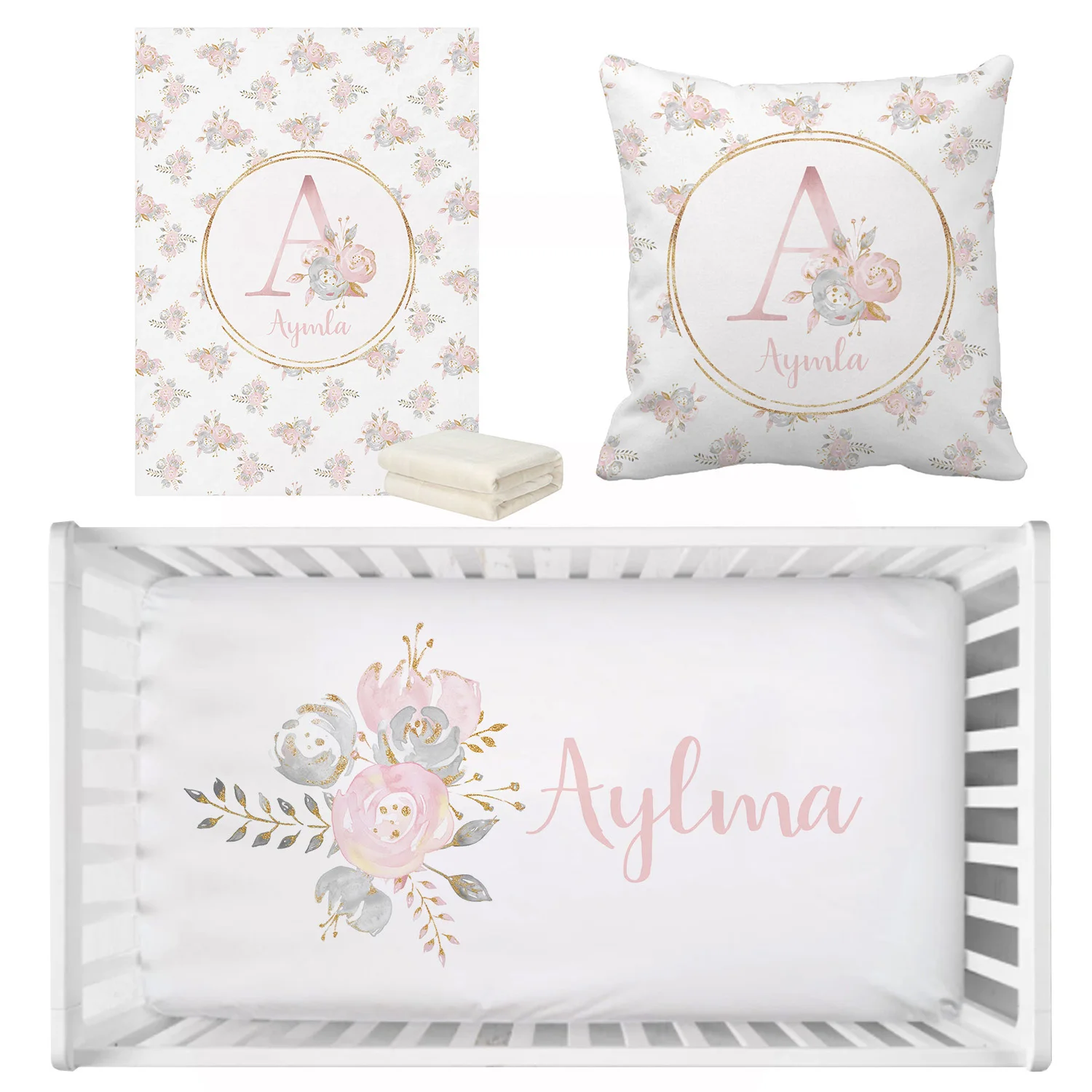 LVYZIHO Personalized Name Blush Gold Floral Bedding Set, Birthday Gift Toddler Gift Bedding Set, Baby Shower Gift  Bedding Set