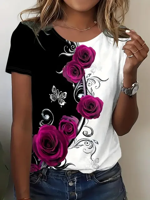 T-shirt à Manches Courtes et Col Ras du Cou pour Femme, Vêtement Décontracté de Grande Taille, avec Imprimé de Roses et Documents 4