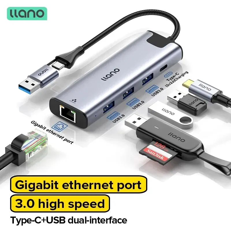 Lano 2 In 1 Usb 3.0 Docking Station A 5 Porte Porta Gigabit Ethernet Adattatore Da Usb/Usb C A Usb/Type-C/Ethernet