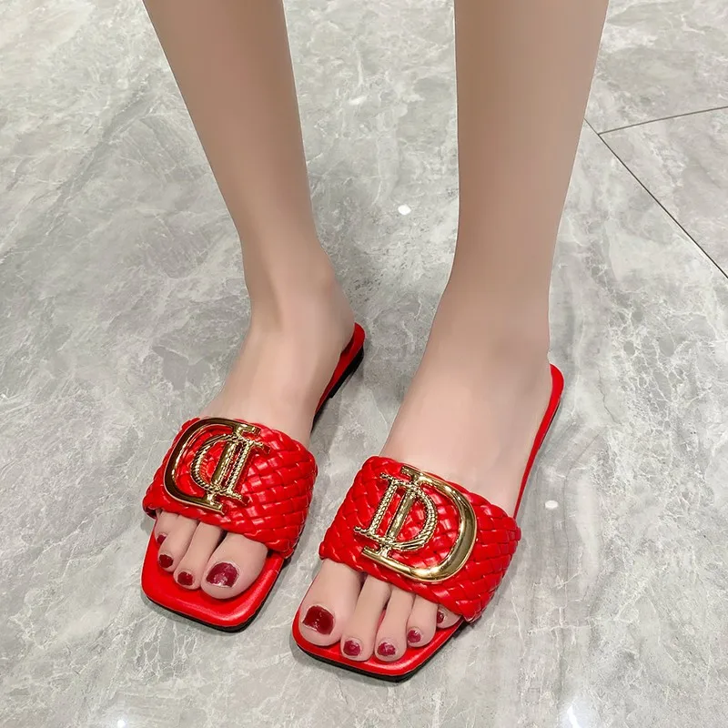 Sandalias planas de diseño de tejido de decoración de lujo para mujer, zapatos de punta abierta para vacaciones,  slippers 5