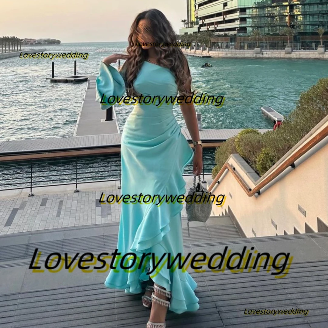 

Lovestory Robe Des Soiree One Shoulder Long Sleeve Prom Dresses Ruched Ruffles Sheath Party Women Wear Evening Formal Occasion