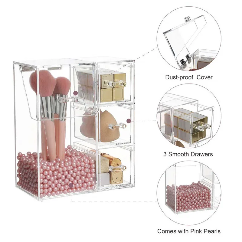 Clear Makeup Brush Organizer, Storage Rack with Drawers, Storage Box with Lid and Pearls for Storing Makeup Tools and Jewelry