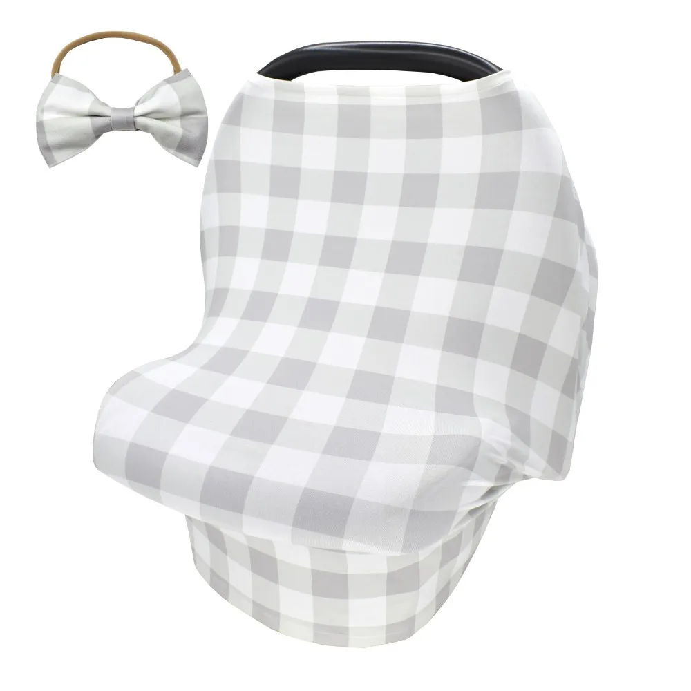 2Pcs Plaid Nursing Breastfeeding Cover with Matching Baby Bow Hairband Set Stretchy Car Seat Cover Baby Carseat Canopy