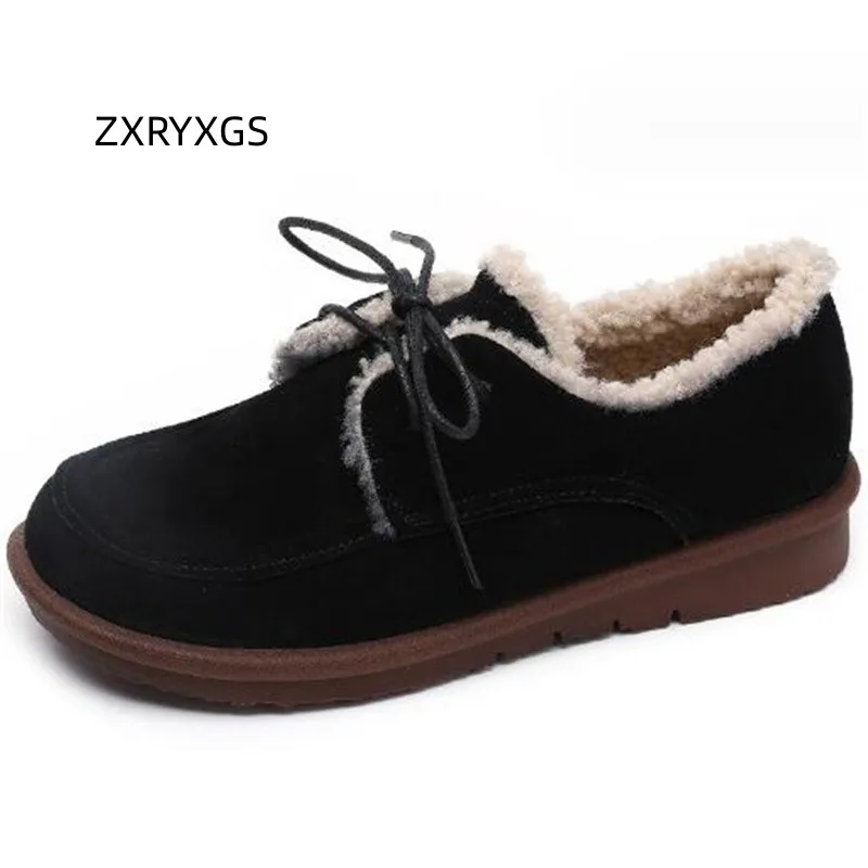 

ZXRYXGS 2023 Autumn Winter New Frosted Cowhide with Plush Cotton Shoes Women Flats Casual Round Head Warm Shoes Large Size