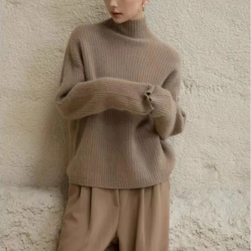 Women Autumn Knitted Sweater Solid Color Turtleneck Pullover