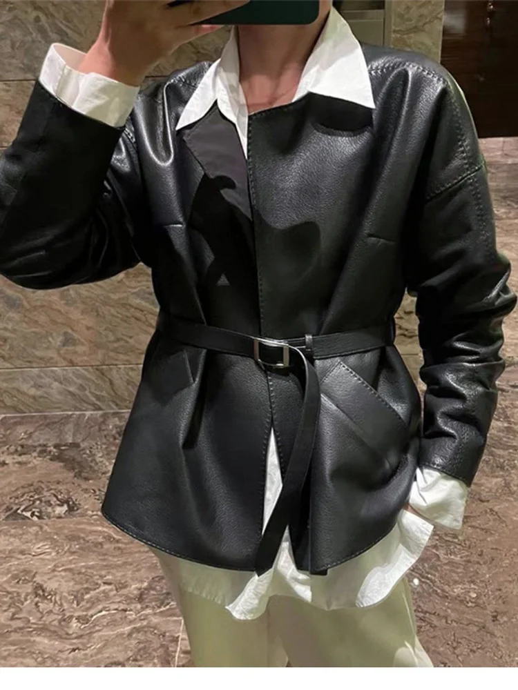 

new sheepskin lychee grain leather jacket women's short standing collar, waistband, thin belt leather jacket2023