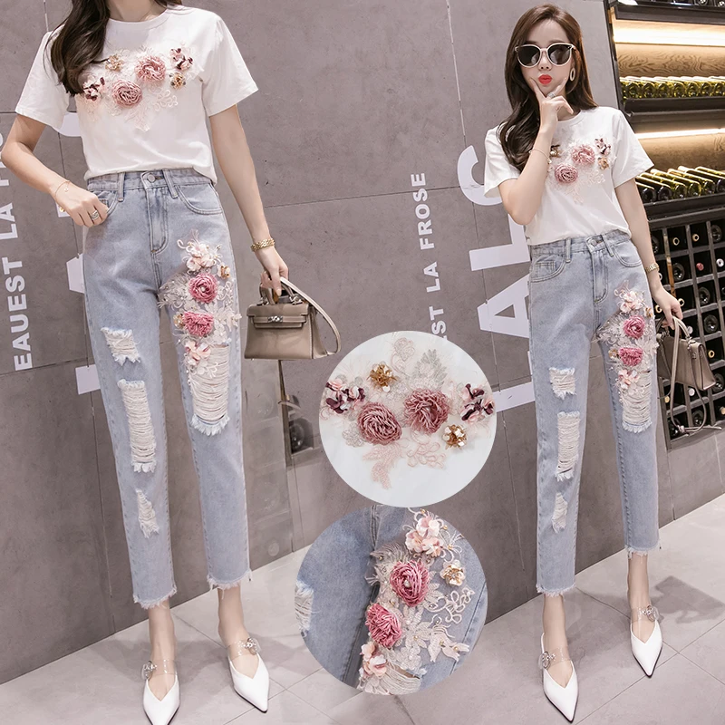 

Ladies Flower Embroidery Casual Ripped Jeans for Women Clothing Girls Fashion High Waisted Denim Pants Female Clothes BPAX1025