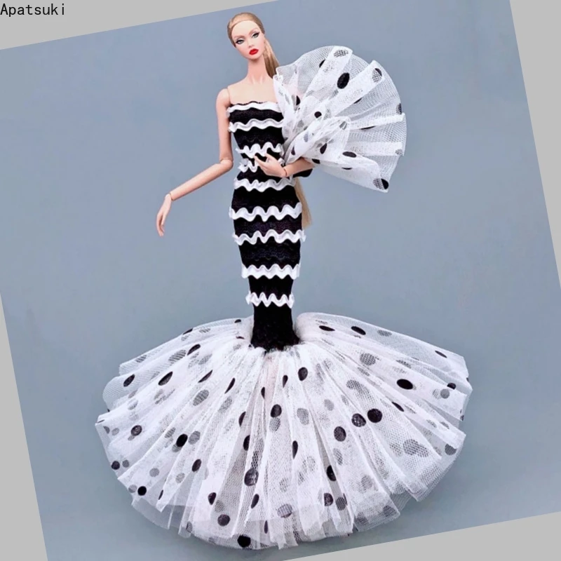 Polka Dotted Fishtail Mermaid Dress For Barbie Doll Outfits Handmade Clothes Party Gown & Hat 1:6 Dolls Accessories Kids Toys