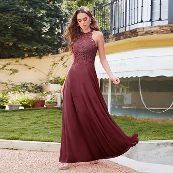 Hot Sale New Elegant Bridesmaid Dress Halter Neck Fishtail with Beaded Motif Layers Over the Bodice Chiffon A Line Women Gown 1