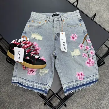 Y2k Cherry Blossom Embroidered Denim Shorts Mens Womens Gothic Harajuku Retro Loose Casual Denim Shorts Fashion Punk Streetwear 1