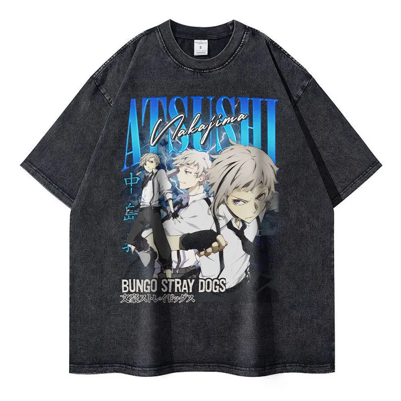 Nakahara Chuuya T-shirt Vintage Washed Anime Bungo Stray Dogs T Shirts Oversized Streetwear Dazai Osamu Atsushi Tops Tees Men 2