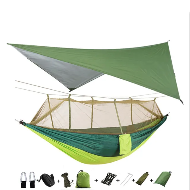 Lightweight Portable Camping Hammock and Tent Awning Rain Fly Tarp Waterproof Mosquito Net Hammock Canopy 210T Nylon Hammocks Green and lightgreen