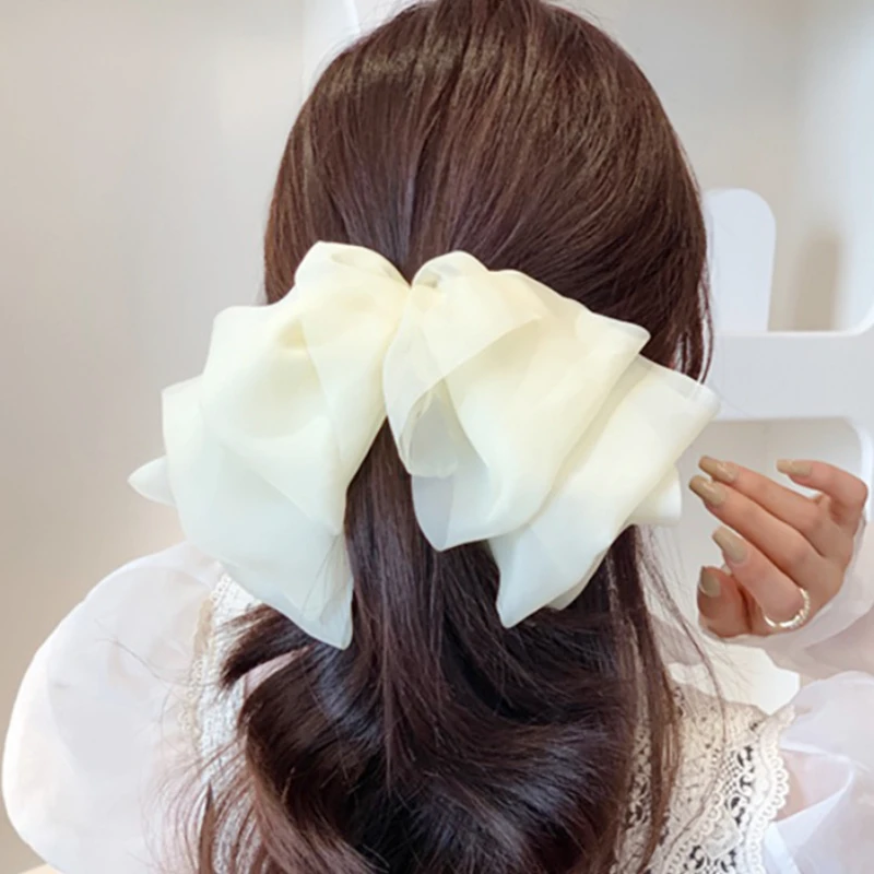 High Quality New Fairy Tulle Solid Color Big Bows Hair Clip Elegant Organza Barettes clips Girl  Accessoires for Women spring summer organza hair scrunchie large fairy chiffon women elastic hair band ponytail holder hair tie girl gum accessories