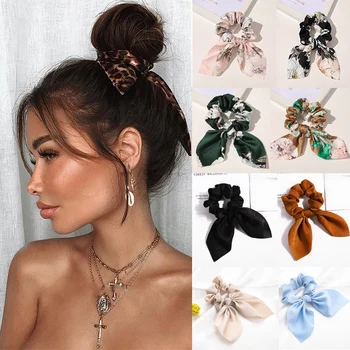 Fascia elastica per capelli con fiocco leopardato Donna Tinta unita Scrunchie Ragazze Cravatta per capelli Porta coda di cavallo Fascia per capelli Corda Accessori per capelli 1