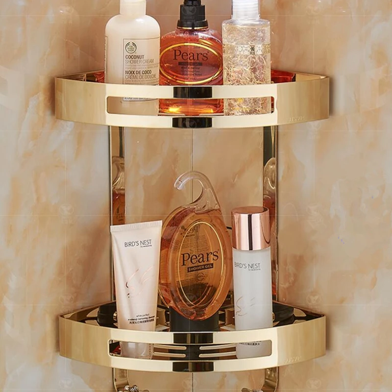 Hot Sale Wall Mounted Gold Stainless Steel Bathroom Soap Dish Bath Shower Shelf Shampoo Holder Basket Corner shelf |
