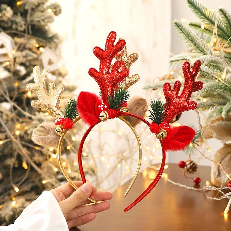 Christmas Antlers Hair Hoop Colorful Sequins Antlers Reindeer Ears Bells Headbands Women Girls Christmas Party Cosplay Headwear