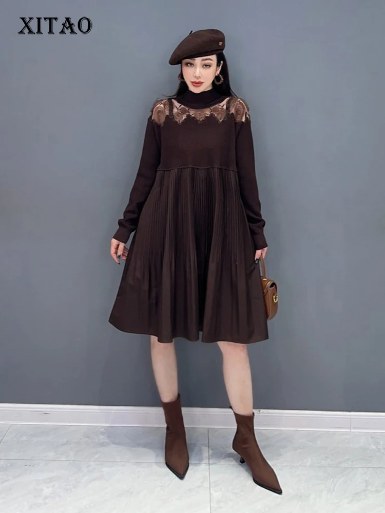 

XITAO Lace Knitting Dress Fashion Hollow Out Splicing Half High Collar Sweater Dress 2024 Spring New Women Clothing HQQ2208