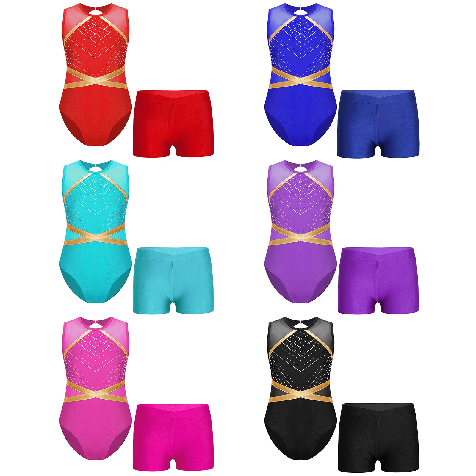 Girls Dance Costumes Kids Girls Rhinestones Gymnastics Ballet Leotard Keyhole Back Unitards Sleeveless Bodysuit with Shorts Figure Skating Dance