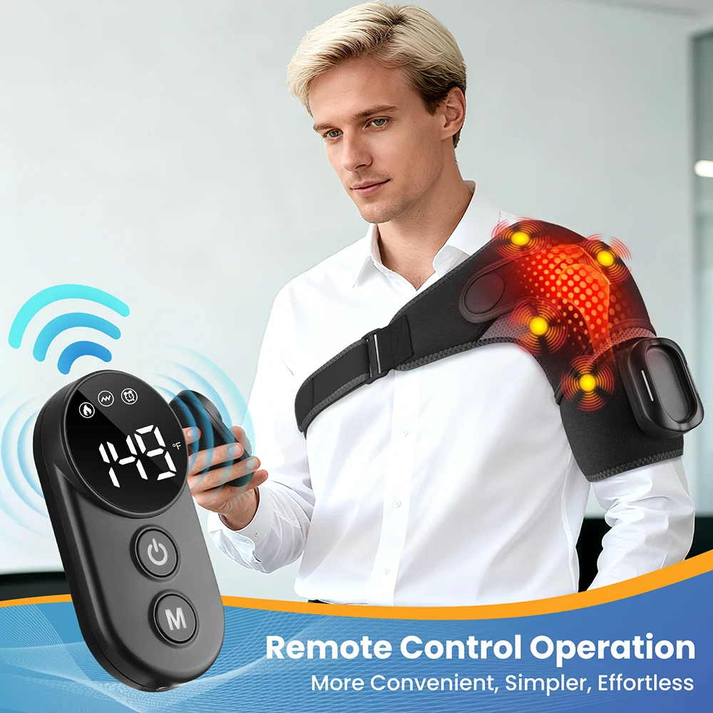   Heating Vibration Shoulder Massage Wrap Pad 4 Motors 5 Temp Settings With Remote Control Fits Both Shoulders