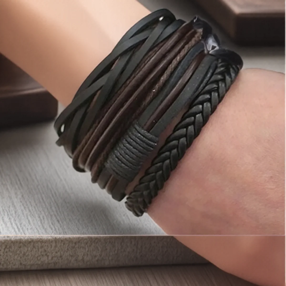 Men's Stylish Leather Bracelet Set - Fashionable Bangles Jewelry Gift