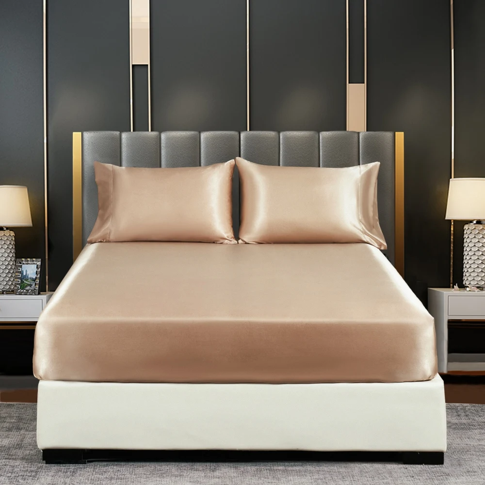 CARA CARLE Silk Satin Fitted Bed Sheet with Elastic Band Luxury Adjustable Mattress Cover for Single Couple Double Bed 4