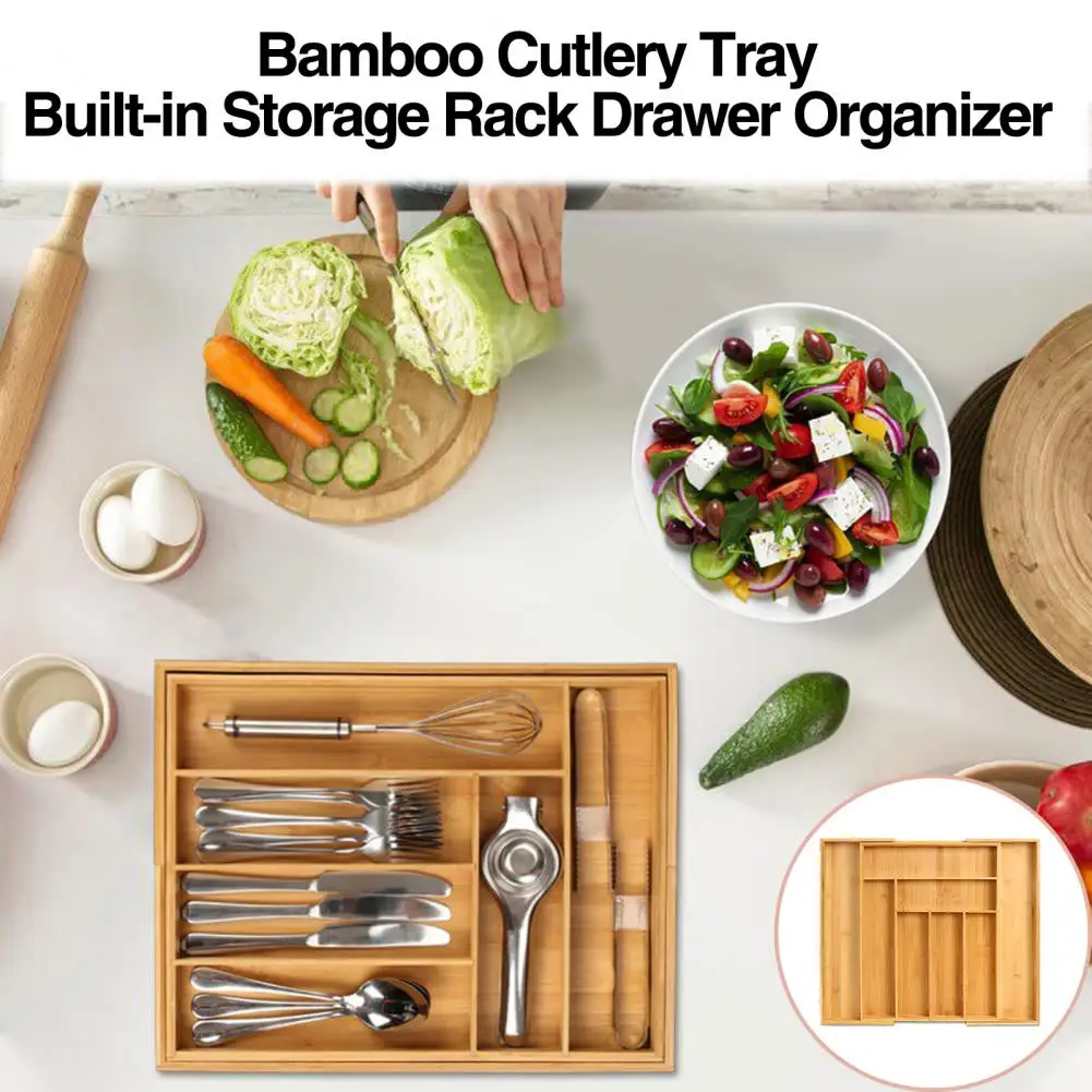 Stationery Drawer Organizer Adjustable Chopsticks Knife Fork Cutlery Drawer Organizer Elegant Bamboo Cutlery Tray for Neat 3
