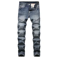 Zipper Decorated Jeans High Street Retro Nostalgia Men (No Belt) Slim Straight Fashion Casual Motorcycle Denim Long Pants Male