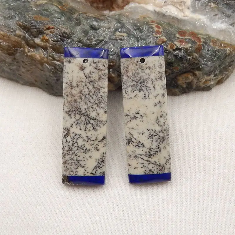 Natural Stone Sapling Jasper And Lapis Lazuli Intarsia Earrings Accessories For Women DIY Jewelry Making 35x11x5mm 9g