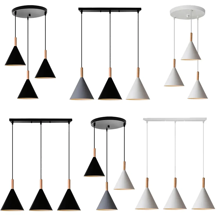 

Modern Wood Pendant Light 3-Heads Chandeliers Domeshade Suspension Cafe Restaurant Bedroom Kitchen Island Nordic Hanging Lamp