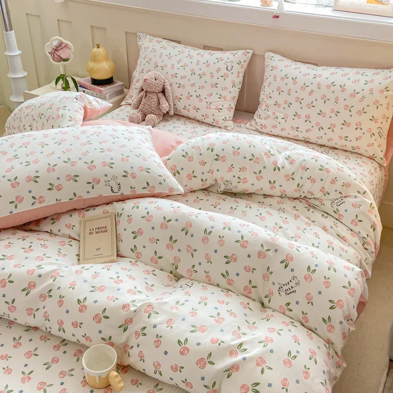 Plant Floral Duvet Cover 3 Piece Set, Cute Cartoon Cat Pattern Bedding Set, Women Kids Girls Bedroom Decorative Pink Quilt Cover 3