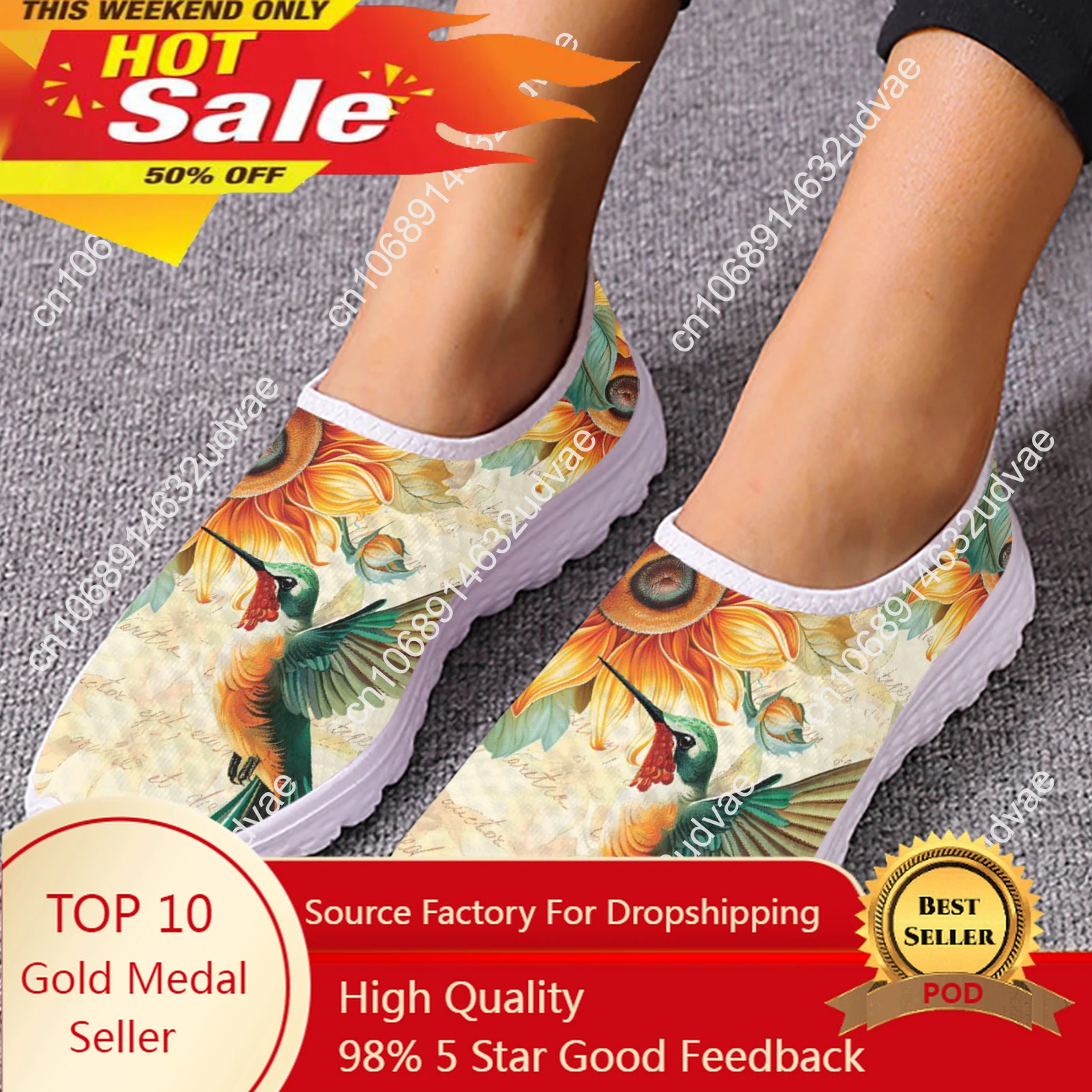 Hummingbird Comfortable Breathable Slip On Shoes For Women Sunflower Print Loafers Bird Design Flats Zapatos Mujer