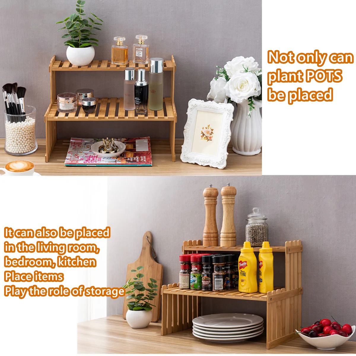 Natural Bamboo Indoor Plant Stand for Desk 2 Tier Desktop Shelf Organizer Rack