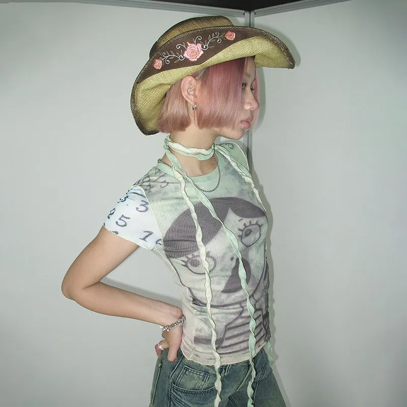 Karrcat Grunge Aesthetics Mesh Tops Y2k Cyber Graphic T-shirt Harajuku Fairycore Bandage Crop Top 2000s E-girls Sheer Tops Chic 5