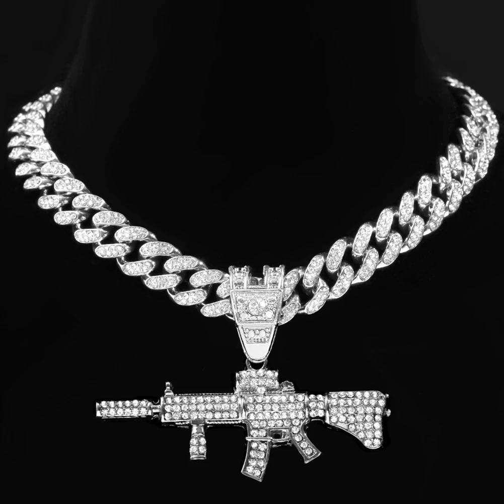 Hip Hop Iced Out Crystal AK47 Gun Pendant Cuban Necklace For Men